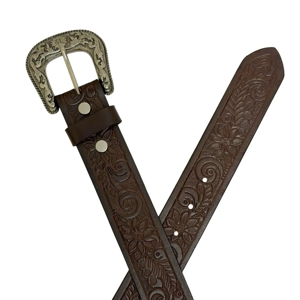 Lucky Brand Men's Size 36 100% Leather Belt Brown Embossed Floral Western NWT